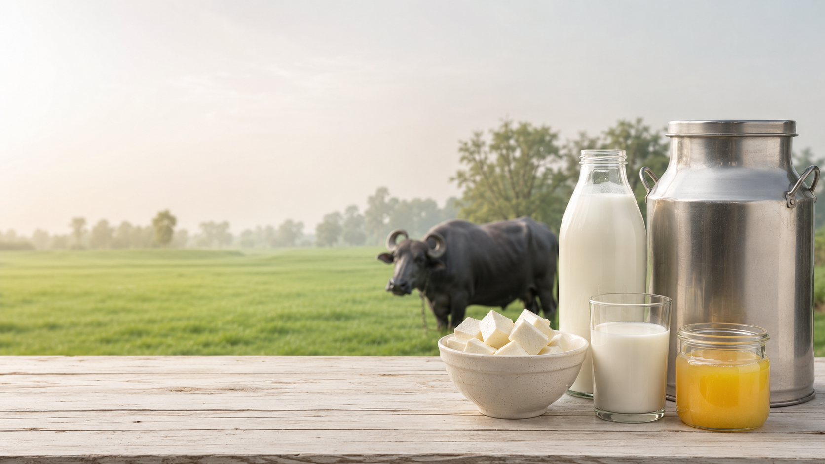 Fresh milk, paneer and dairy ingredients with a farm in the background