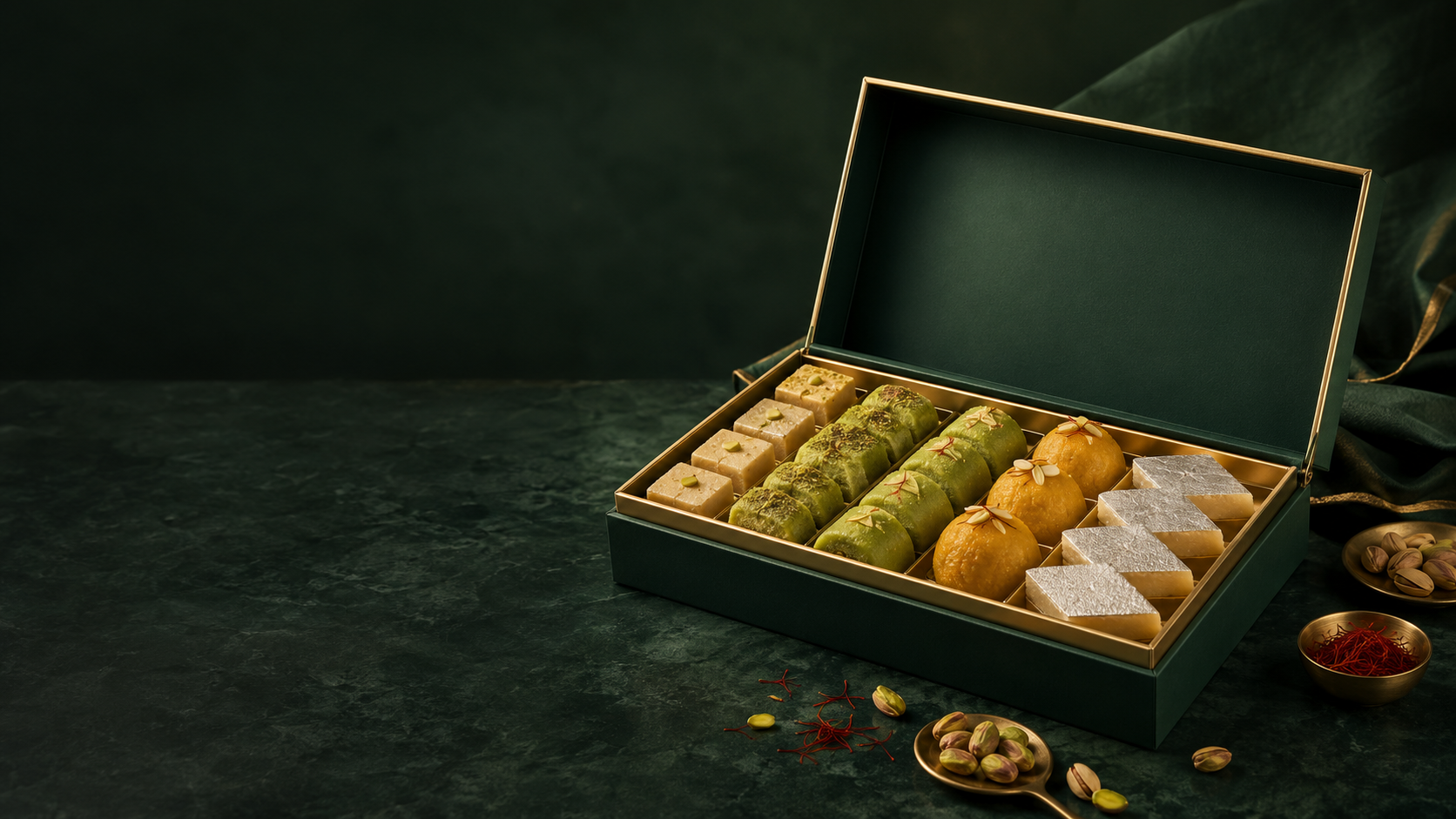 Premium Indian mithai arranged in an elegant deep green gift box